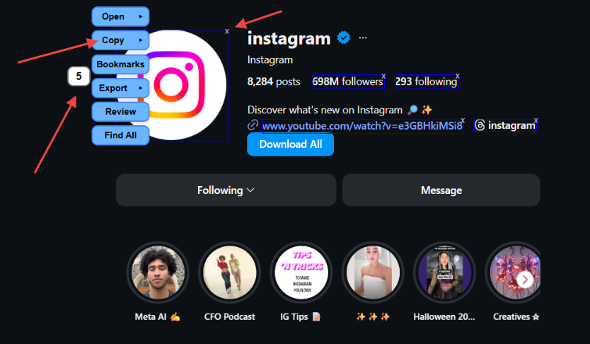 Screenshot showing how to use Chrome extensions like Link Grabber to extract and copy links from Instagram pages